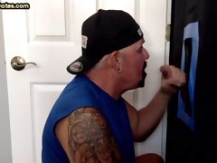 Mature gay cum addict blows gloryhole rod at his home