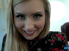 Naughty blonde chick Emma Sirus sucking a dick and getting fucked in POV