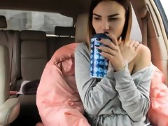 Beautiful amateur teen drives herself to orgasm in the car