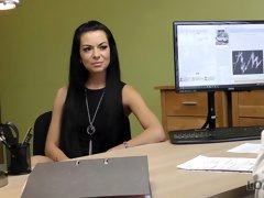Small-tit brunette with tattoos jumps on a hard dick in the office