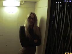 Fake Cop Leggy office slut fucks cop in an elevator