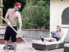 Skinny beauty fucks the pool guy and lets him come on her ass