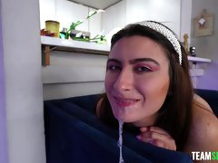 Cum all over pretty face of Angeline Red after receiving a blowjob