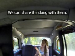 Two kinky babes fuck dildo in taxi